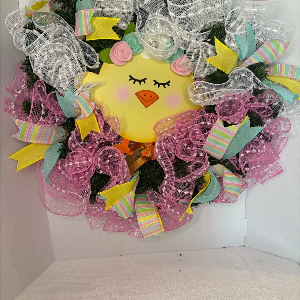 Pastel Chick Spring Wreath with Pink, Yellow & Mint Accents